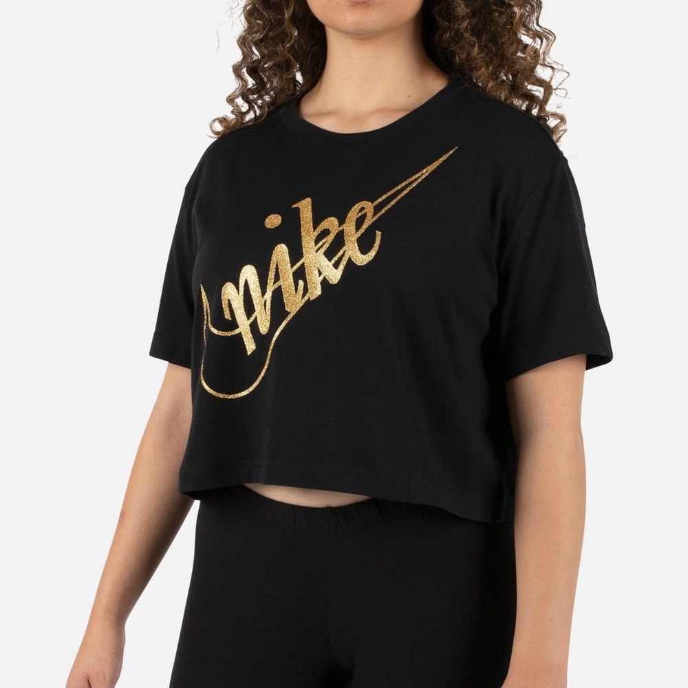 Nike Black Crop Short Sleeve Tee with Gold Script Logo